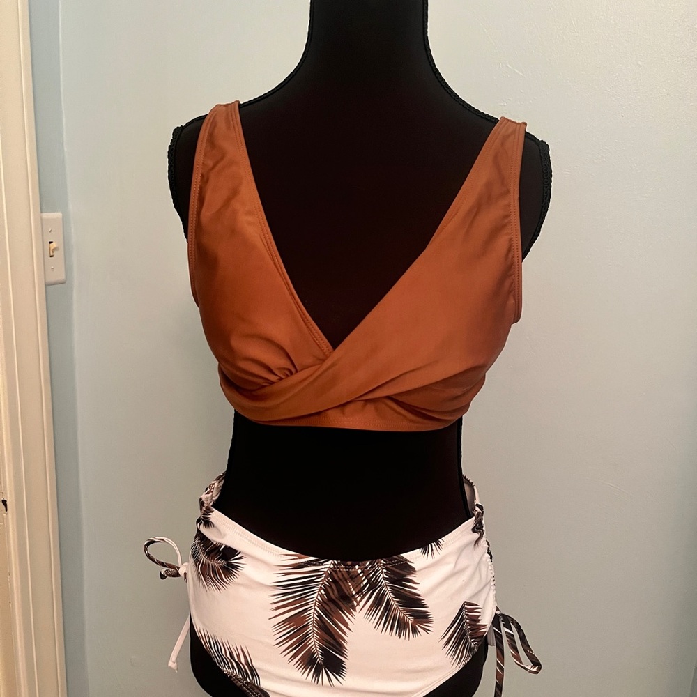 Brown Bikini Top and Palm Print Bottom